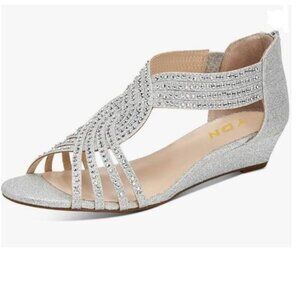 YDN Silver Wedge Glitter Sandals Open Toe Rhinestones Cross Over Straps Shoe